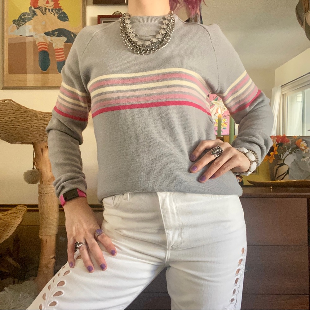 vintage 70s meister grey, pink & white wool crew neck sweater / size 36